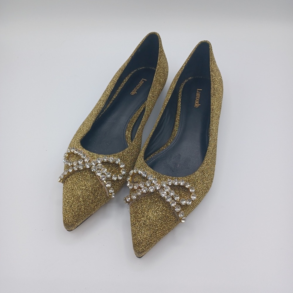 Larroude Blair Flat Womens 8.5 Gold Excellent Crystal Bow Glitter Pointed Toe